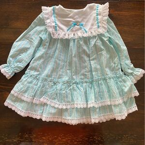 Vintage Disney Light Blue and White Girls’ Ruffle Dress with Lace 3T